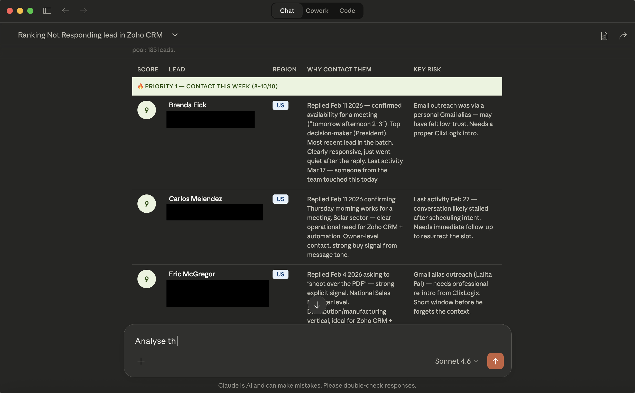 Claude output table ranking Zoho CRM leads by score, region, risk, and follow-up priority