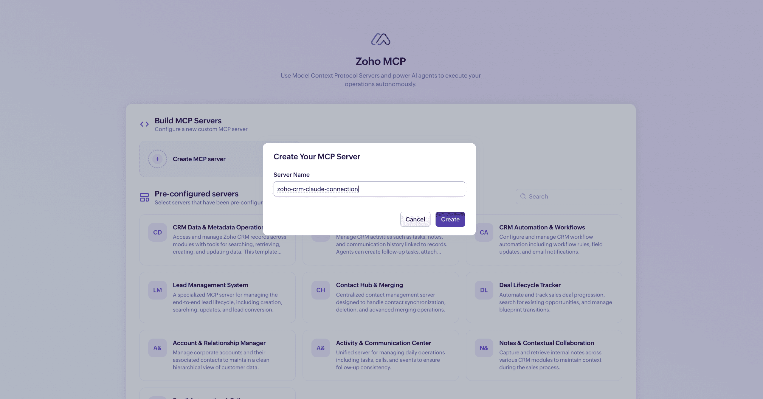 Create Your MCP Server popup in Zoho MCP with server name set to zoho-crm-claude-connection