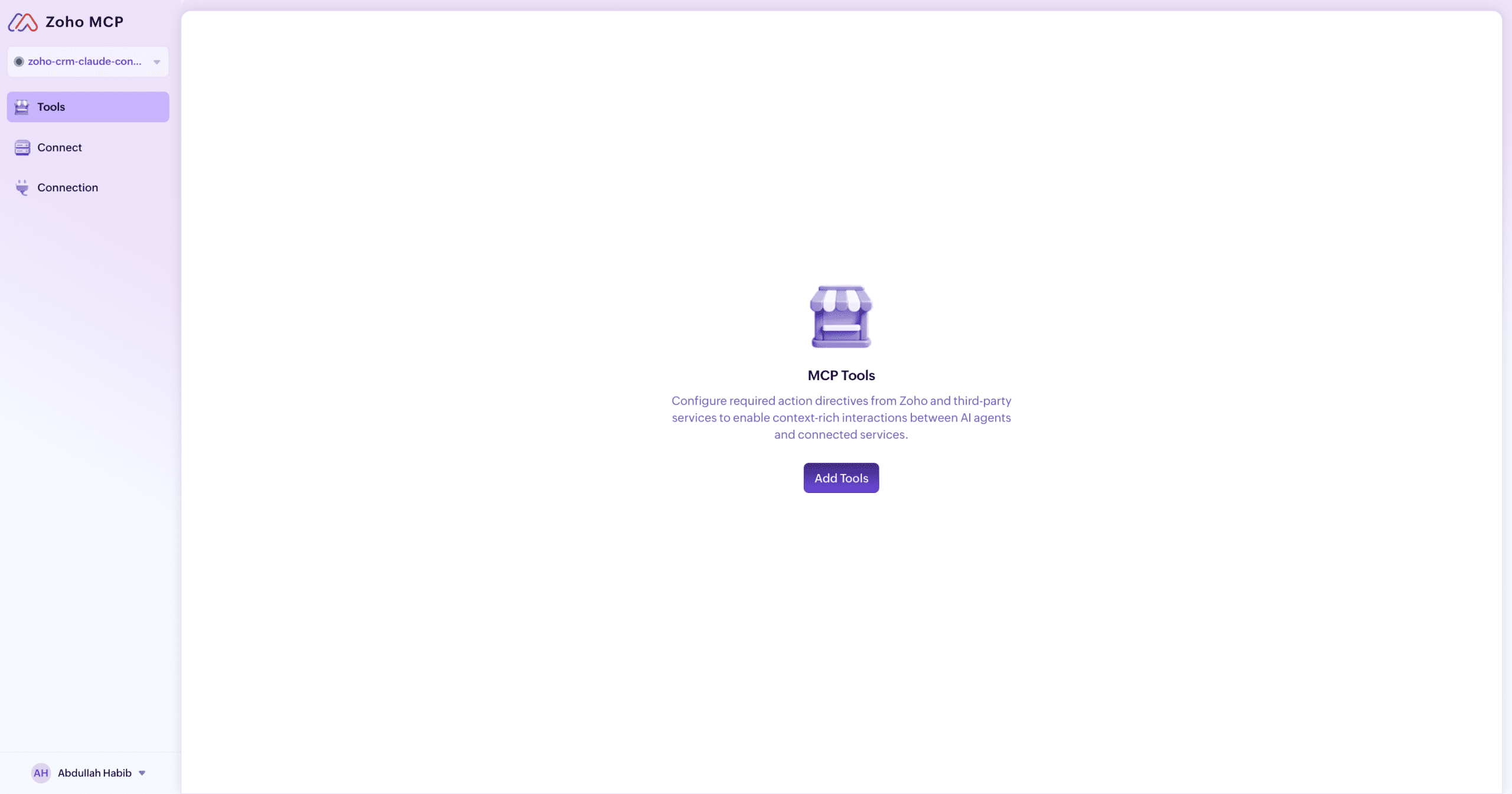 Zoho MCP server tools page showing Add Tools button after creating a new MCP server