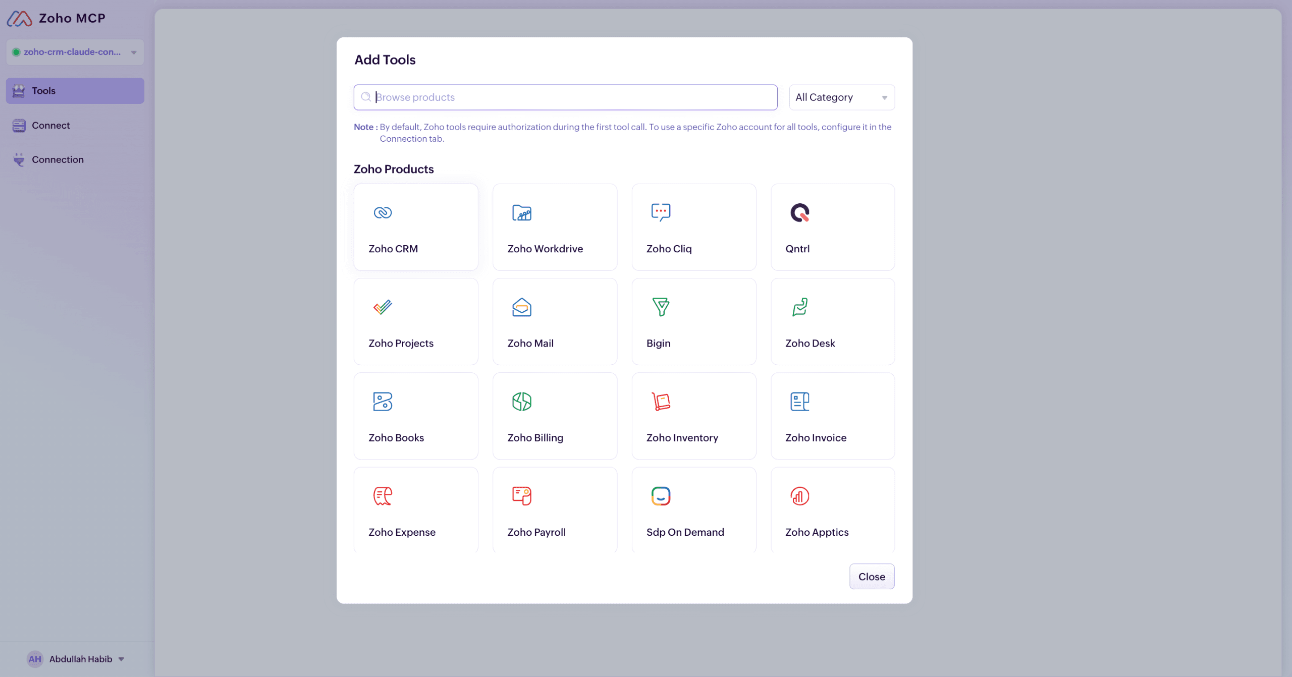 Add Tools popup in Zoho MCP showing available Zoho products including Zoho CRM