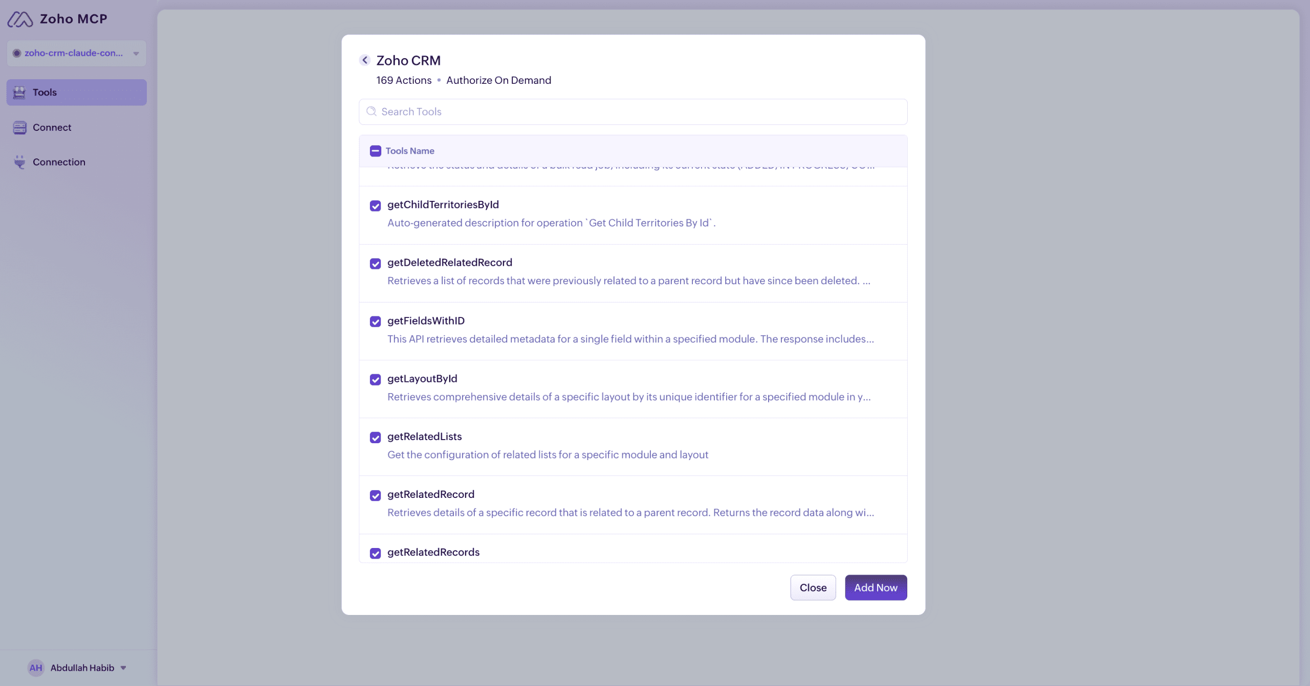 Zoho CRM actions list in Zoho MCP for selecting CRM tools to add to the server