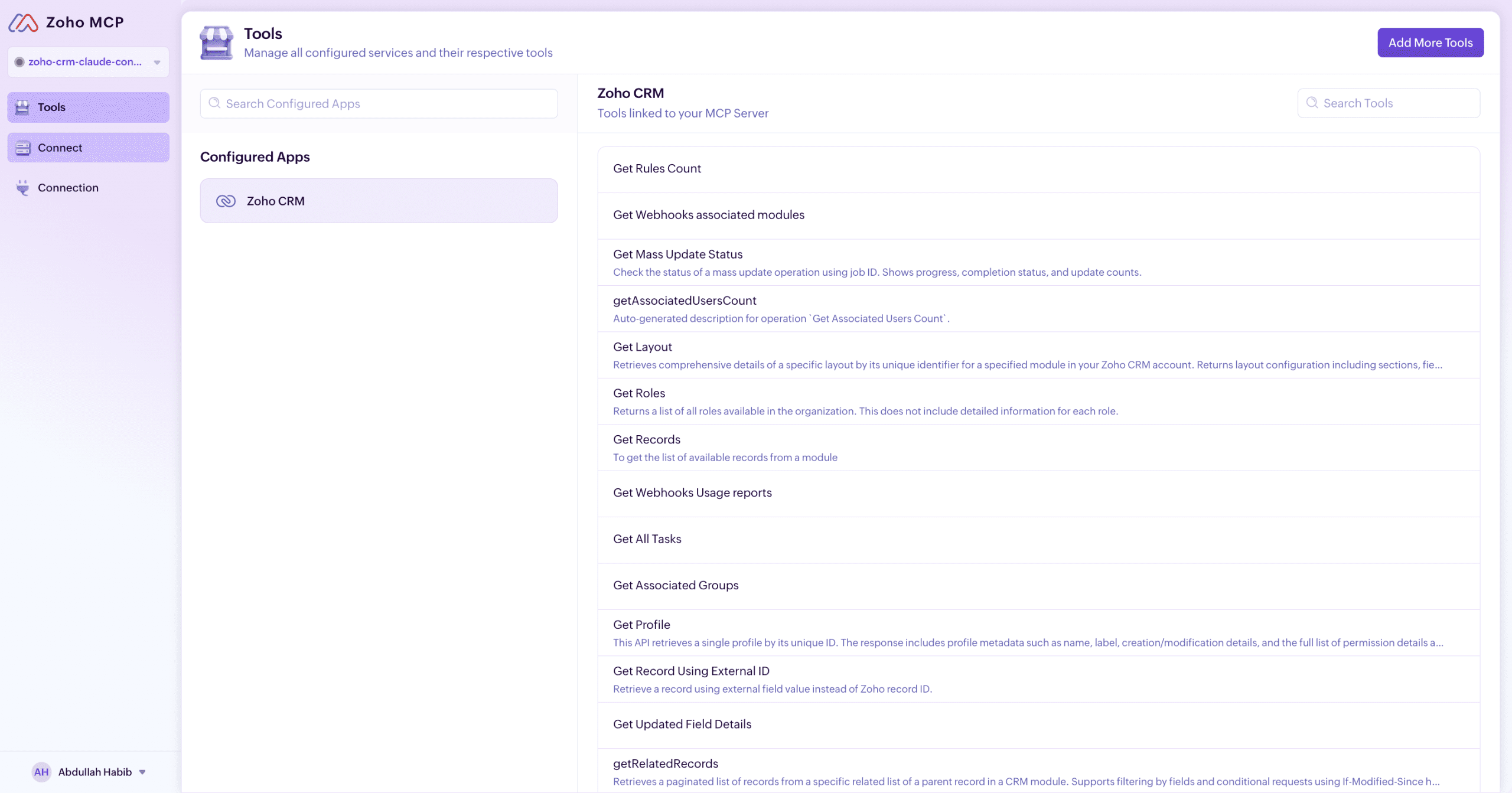 Zoho MCP tools page showing Zoho CRM successfully configured with linked CRM actions