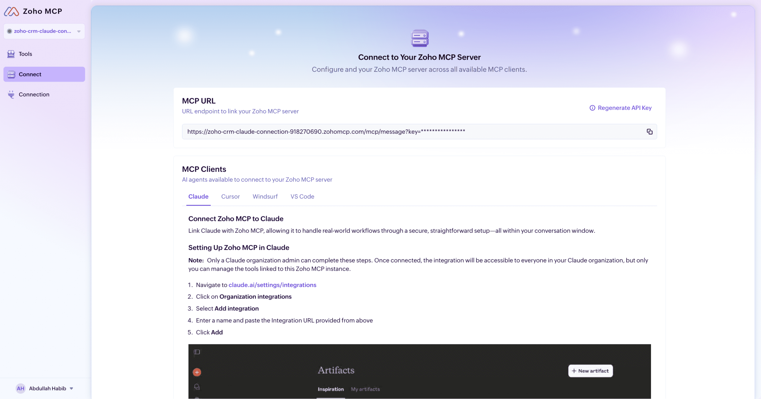 Zoho MCP Connect page displaying MCP URL and setup instructions for Claude integration