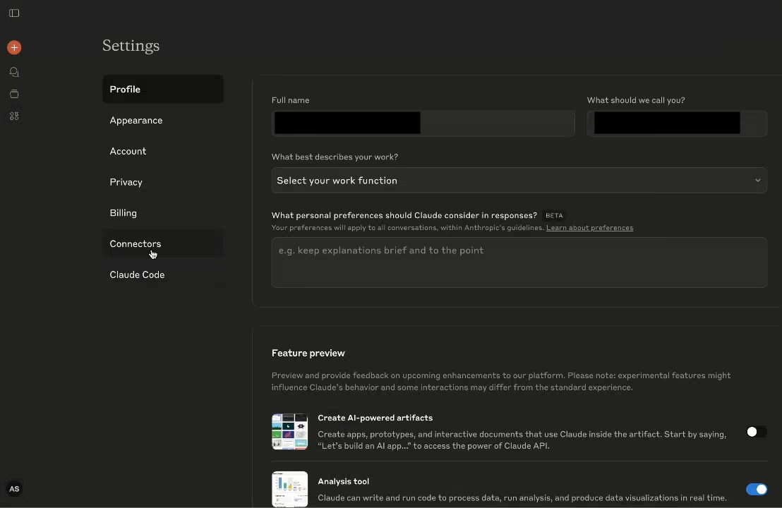 Claude Settings page with Connectors section selected to add a custom MCP connector