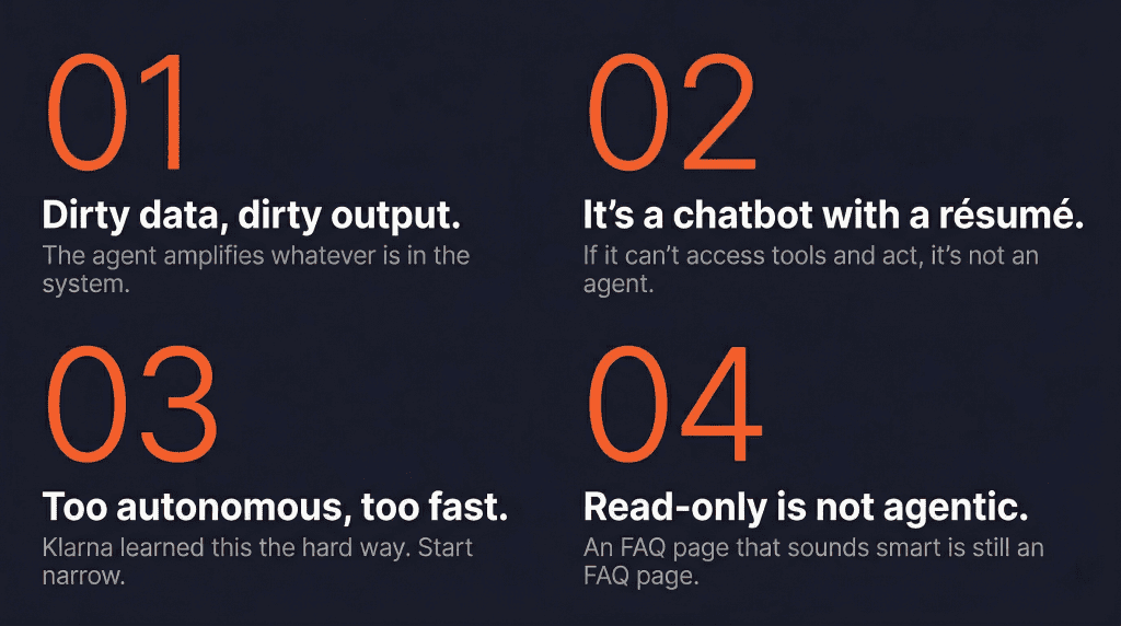 Three common AI agent failure patterns in e-commerce: data quality issues, agent washing, and over automation