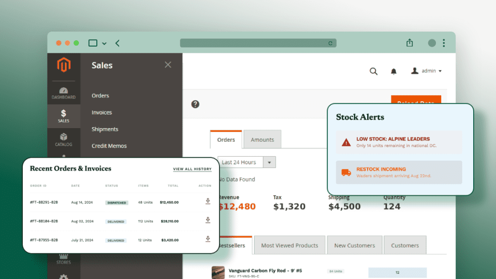 Magento wholesale partner dashboard with bulk orders, invoices, and stock alerts for fishing tackle store