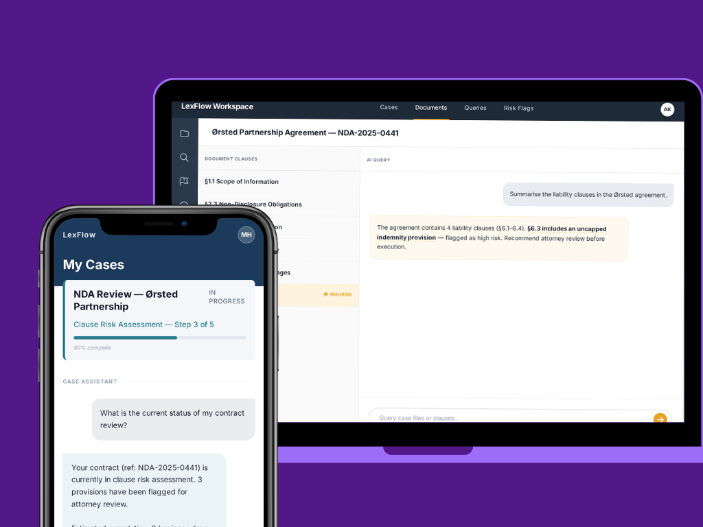 Gemini-powered legal AI chatbot interface showing dual mode — client-facing case status queries and attorney-facing legal document processing queries, both grounded in Gemini multimodal document understanding