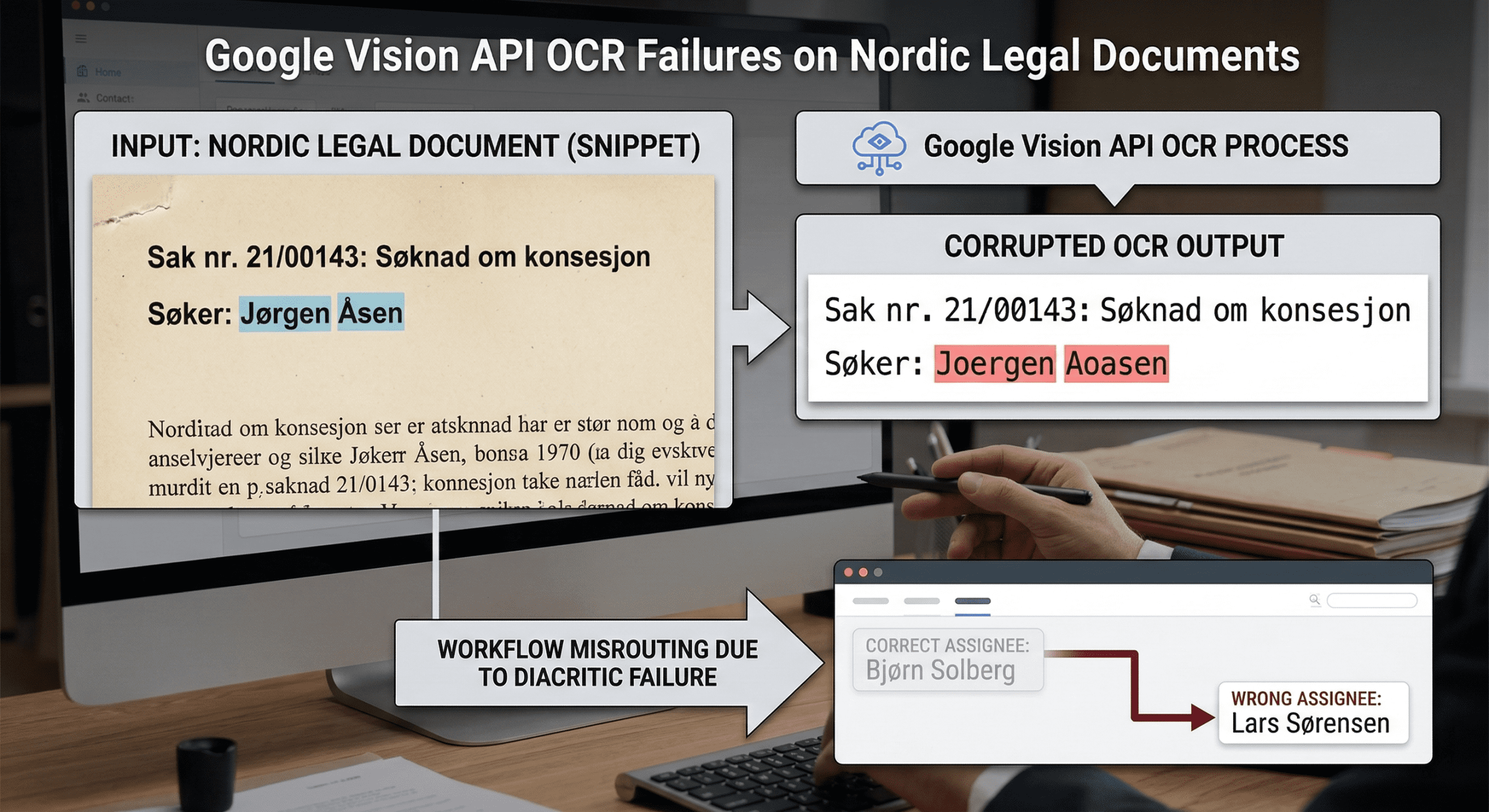 Google Vision API OCR failure on Nordic legal document showing diacritic character substitution like å ø æ corrupted to ASCII equivalents causing wrong case routing in legal workflow CRM