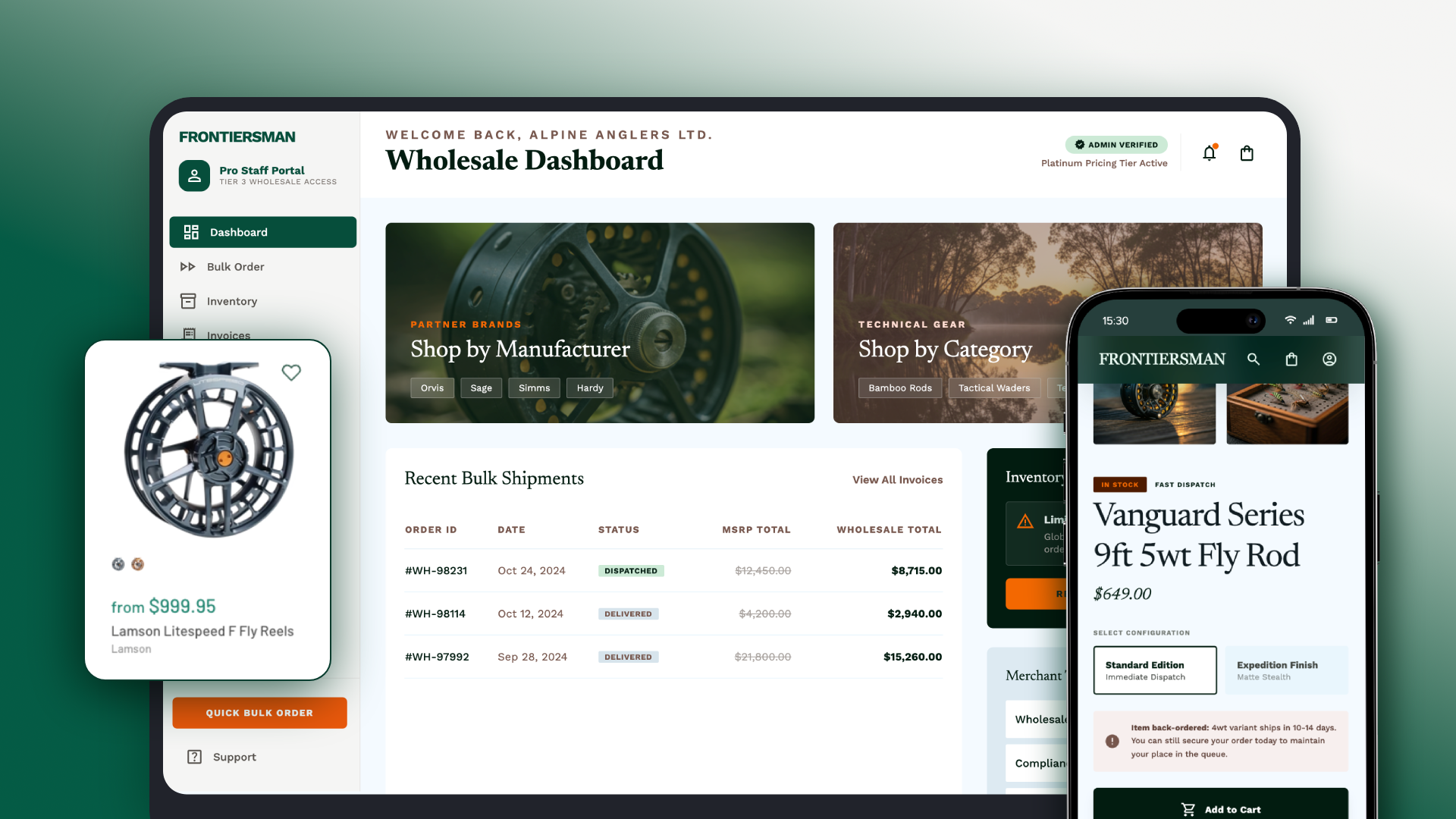 Frontiersman wholesale dashboard and mobile storefront for an Australian fly fishing retailer