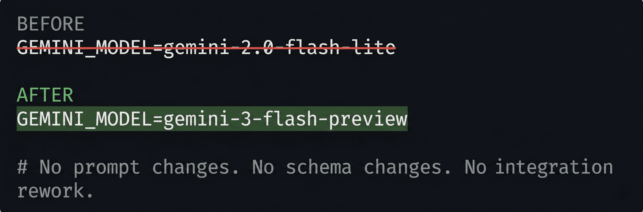 Migrating from Google Vision API to Gemini document processing required only a single .env configuration change, GEMINI_MODEL variable updated from gemini-2.0-flash-lite to gemini-3-flash-preview with no prompt or schema changes