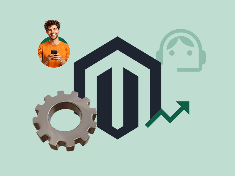 Magento ecommerce maintenance and support graphic showing platform improvement and customer service growth