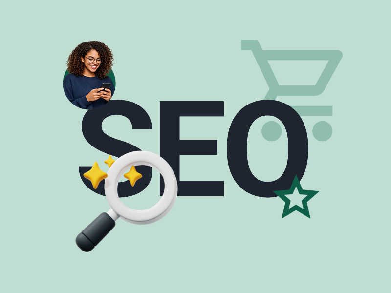 SEO graphic showing improved ecommerce search visibility, keyword rankings, and organic traffic growth