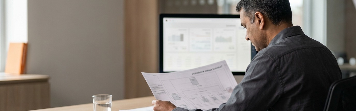 Senior engineer reviewing a technical system architecture diagram