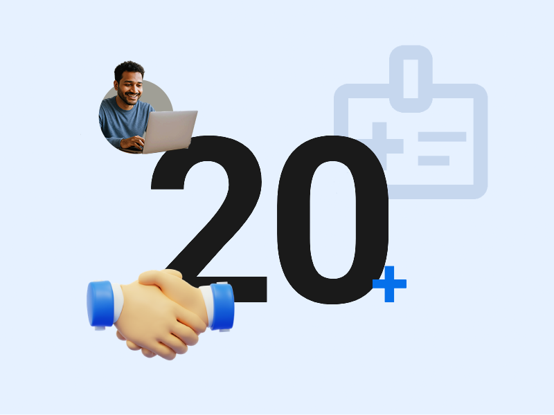 Result card showing 20+ new hospitals onboarded in under 12 months on the Nordic Healthtech Startup platform