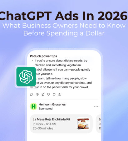 Main image of a blog titled 'ChatGPT Ads in 2026: What Business Owners Need to Know', in background is ChatGPT interface with ad, and in foregorpund is text written 'ChatGPT Ads in 2026: What Business Owners Need to Know'