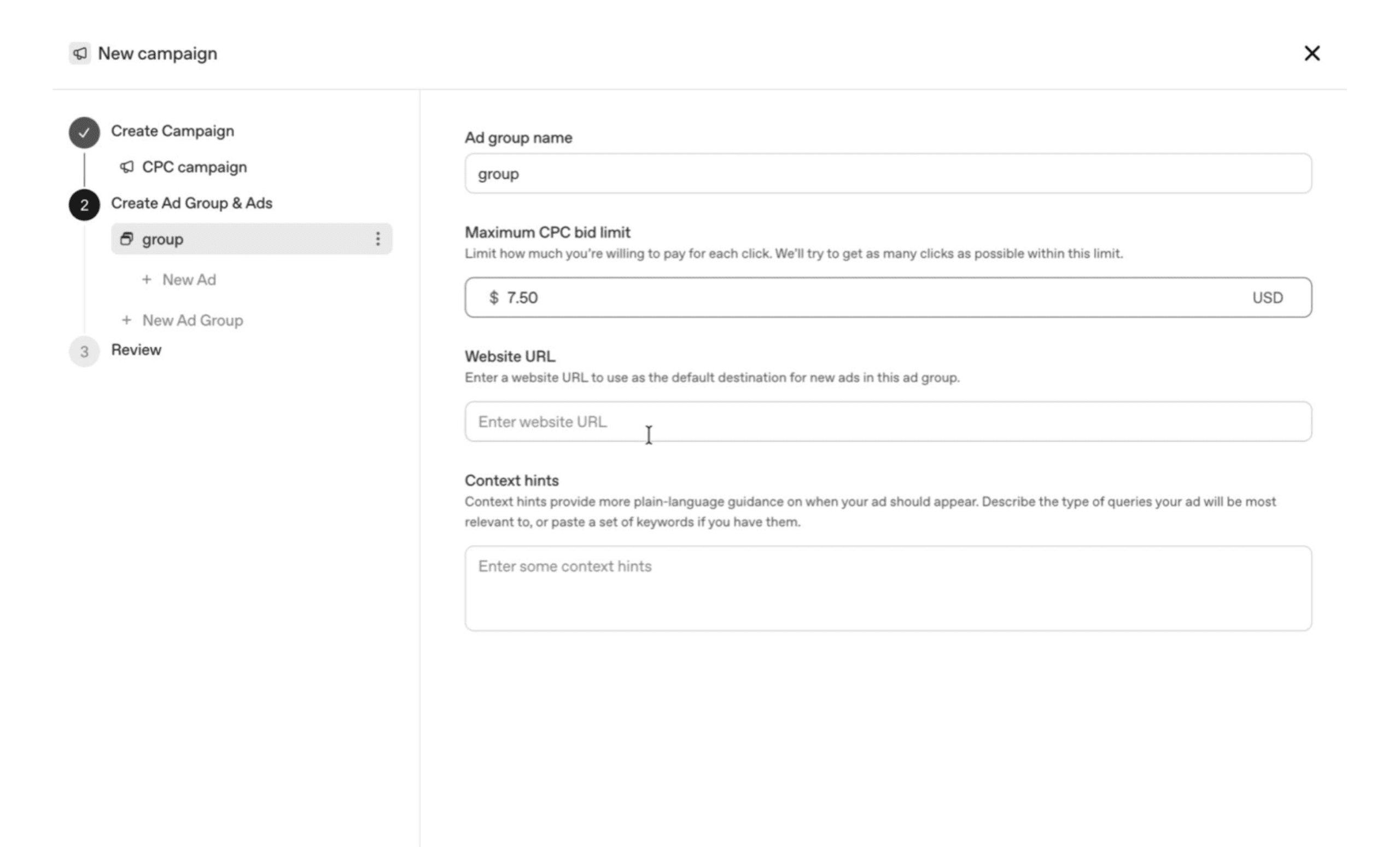 ChatGPT Ads setup backend view step 1