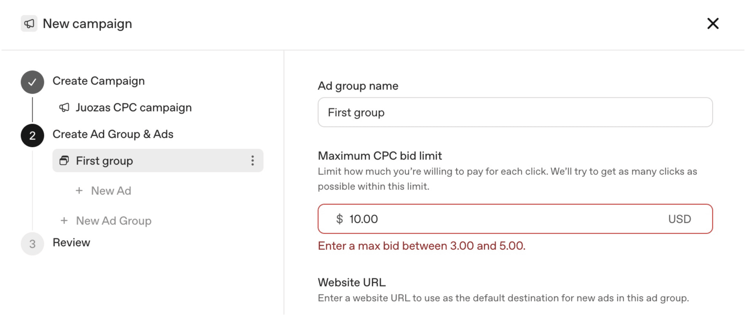 ChatGPT Ads setup backend view step 3