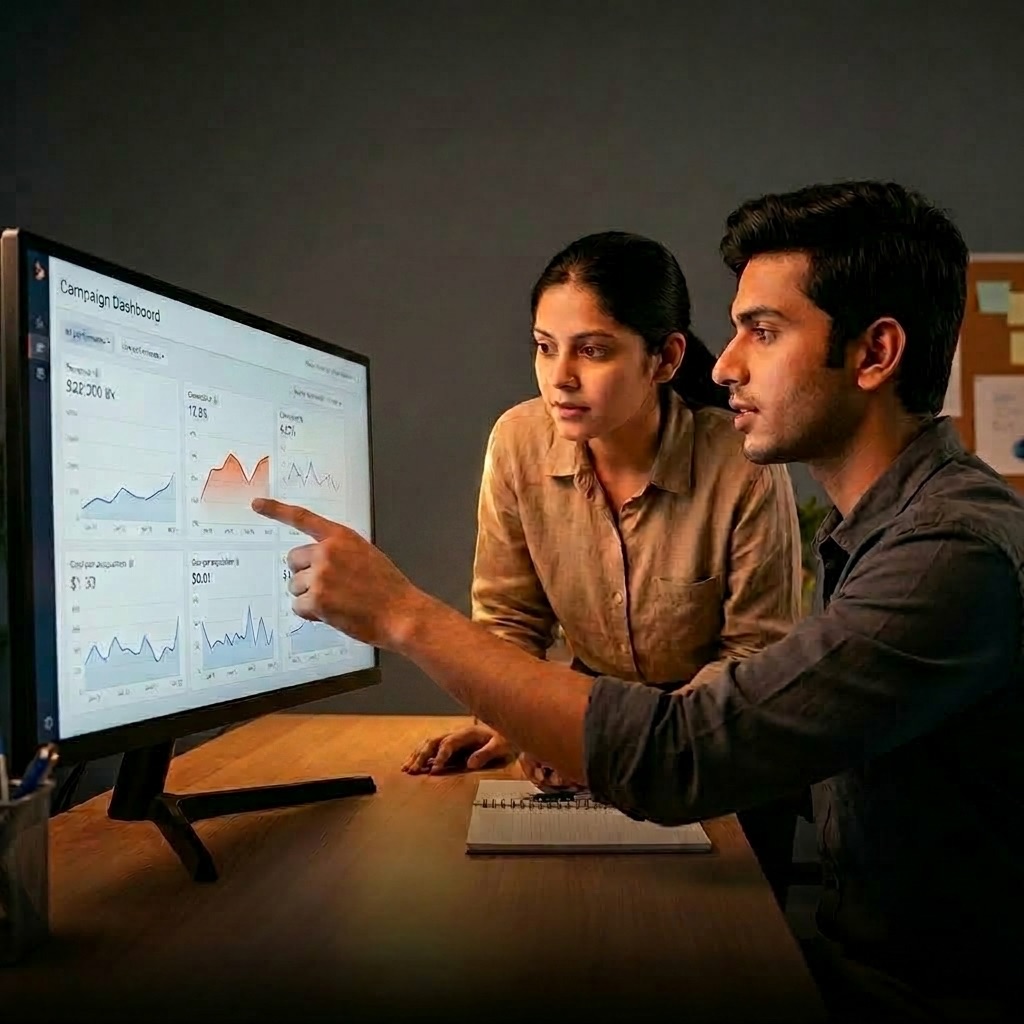 Marketing team reviewing a campaign performance dashboard