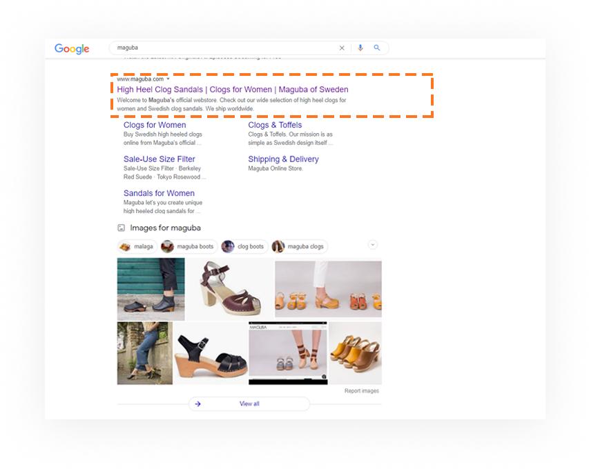Google SERP showing the Maguba's website listing with additional snippets and features