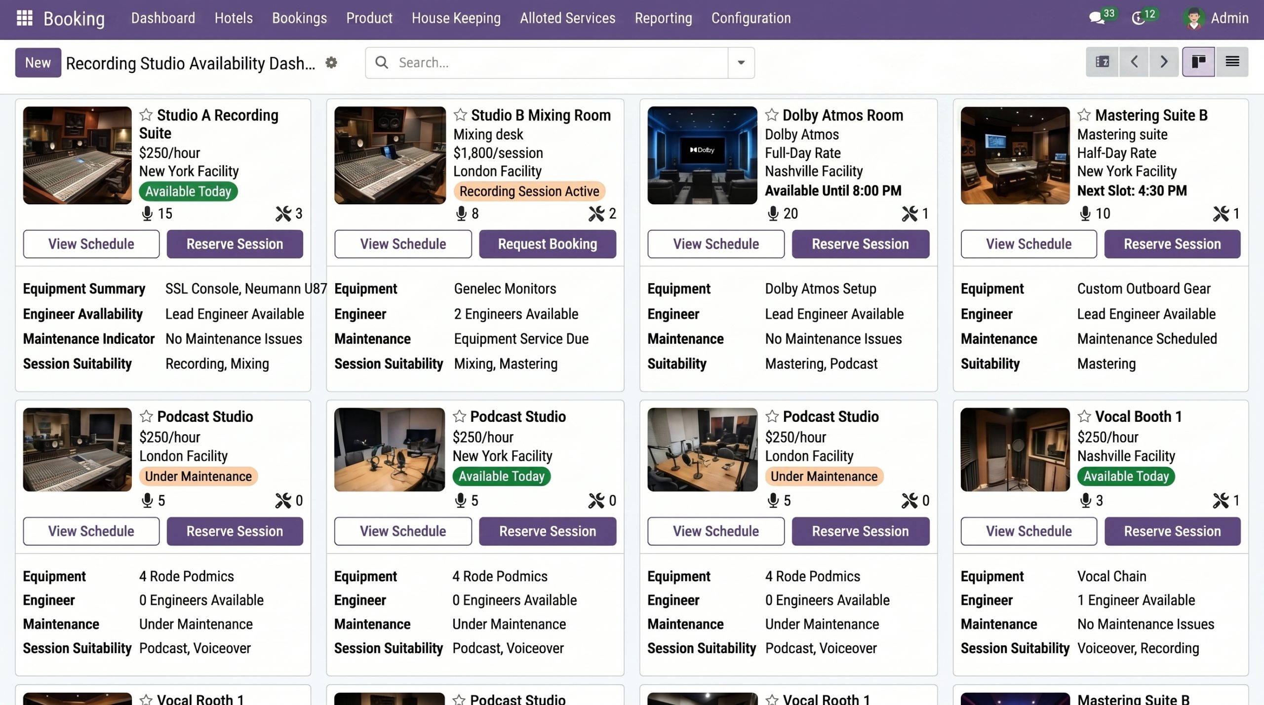 Recording Studio Availability Dashboard