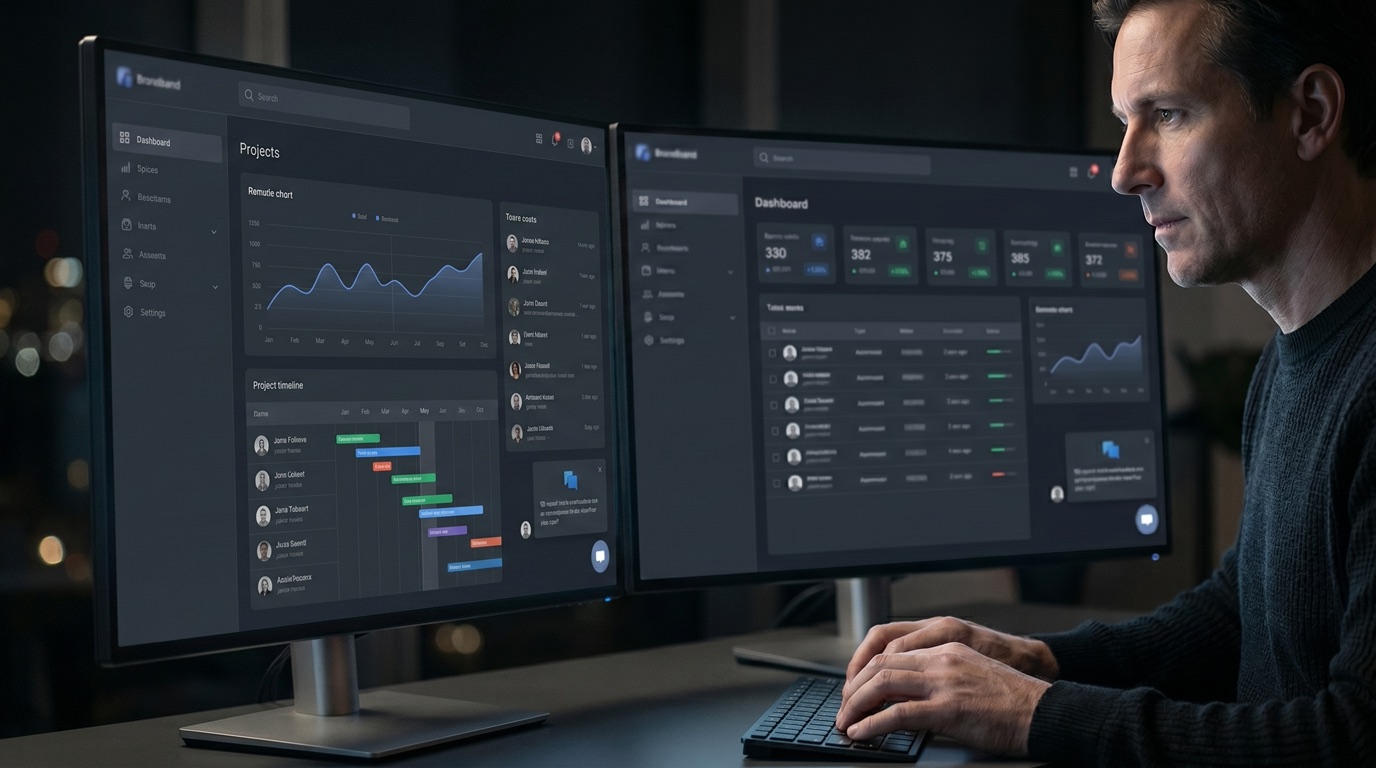 Agency operator reviewing a white label SEO client panel on dual monitors