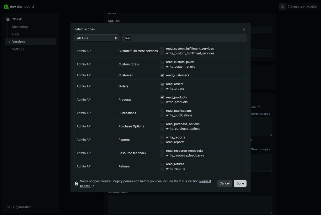 Admin API scopes for the Zoho Desk integration: read_customers, read_orders, read_products
