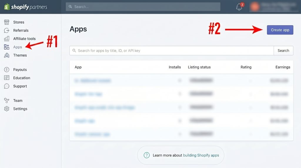 Shopify Partners dashboard with Apps in the left nav and Create app in the top right