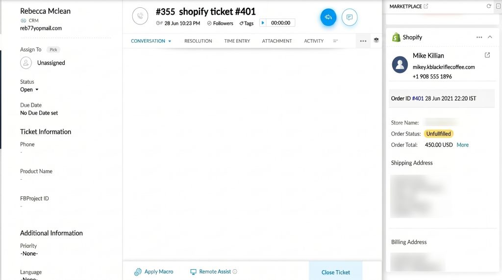 Zoho Desk ticket with the Shopify widget on the right panel showing customer name, email, phone, Order ID, status, total, and shipping addresses