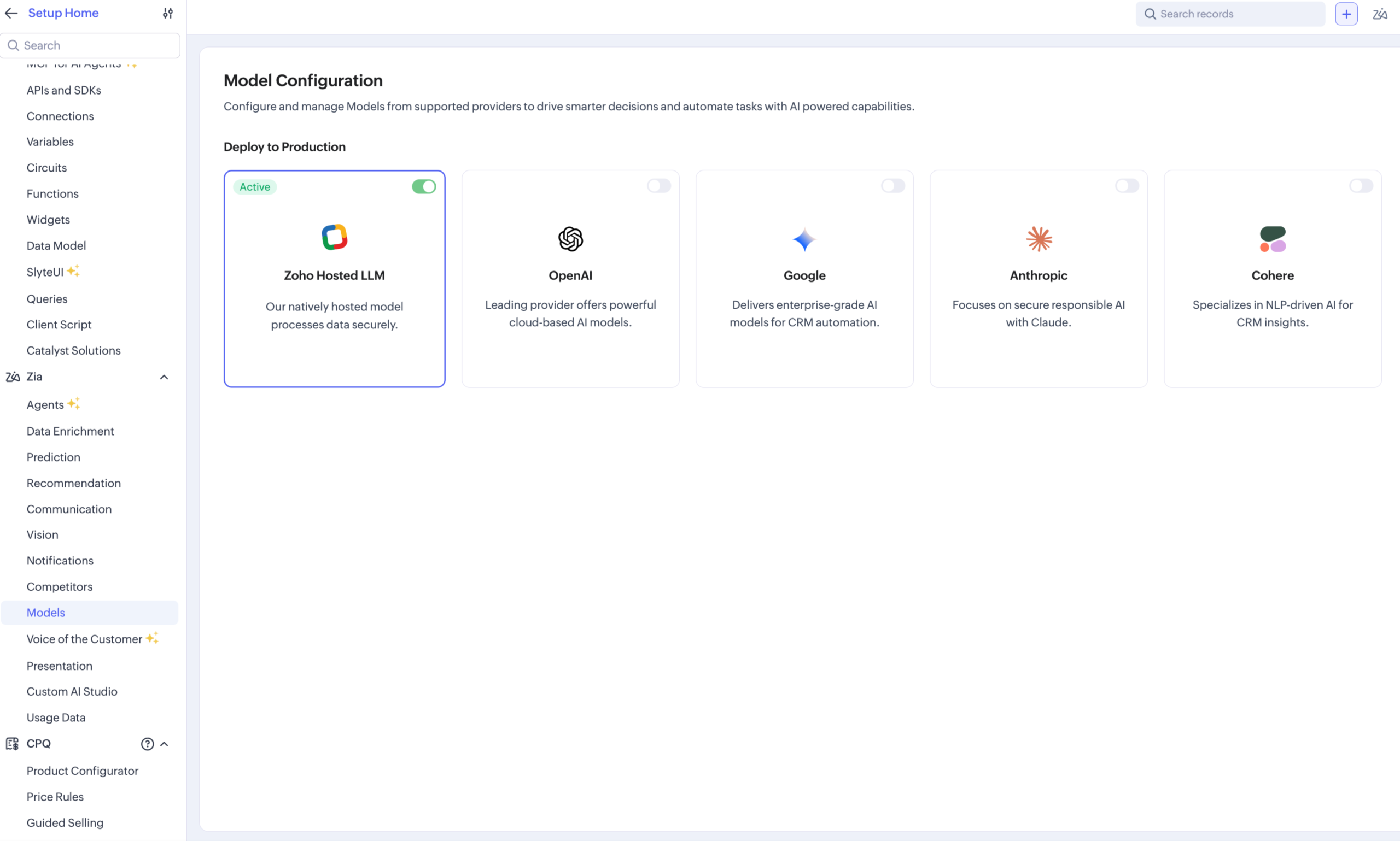 Setup > Zia > Models, with multiple providers enabled in parallel.