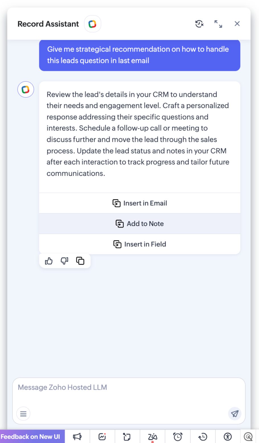Zia&rsquo;s Record Assistant returns generic CRM process advice when asked for a strategic recommendation, instead of reading the email and tailoring to the conversation.