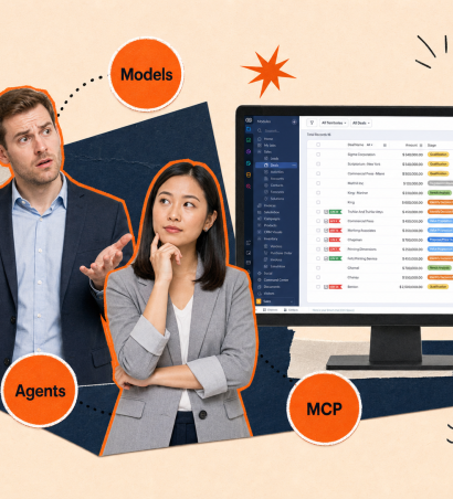 Editorial collage on Zia Models, Zia Agents and Zoho MCP for business leaders starting with AI