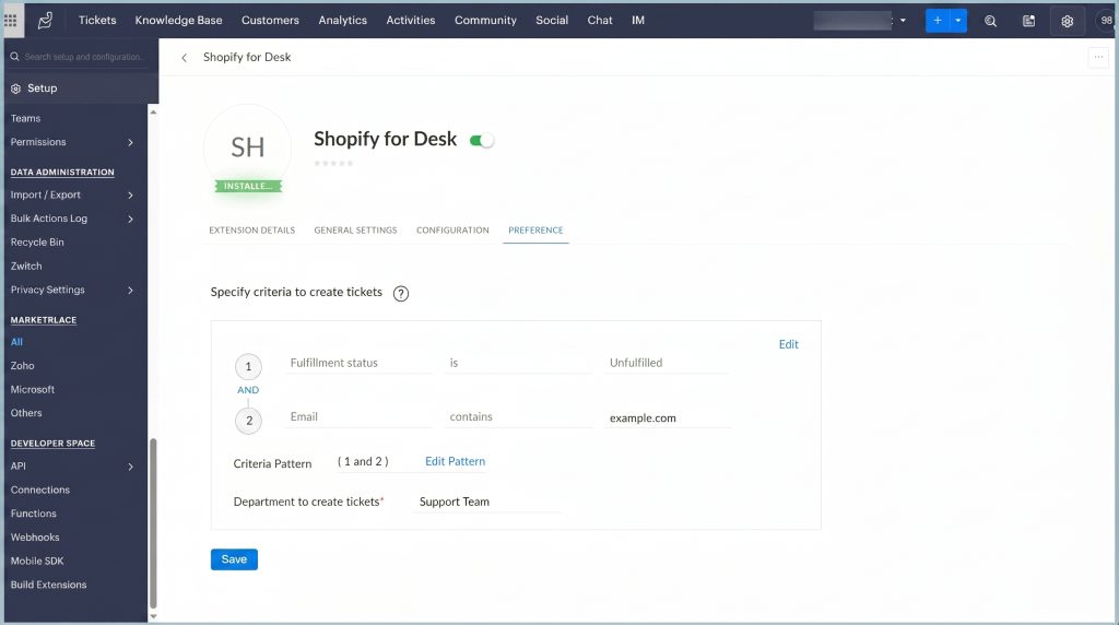 Shopify for Desk extension Preference tab with ticket creation criteria, AND/OR logic, and department assignment