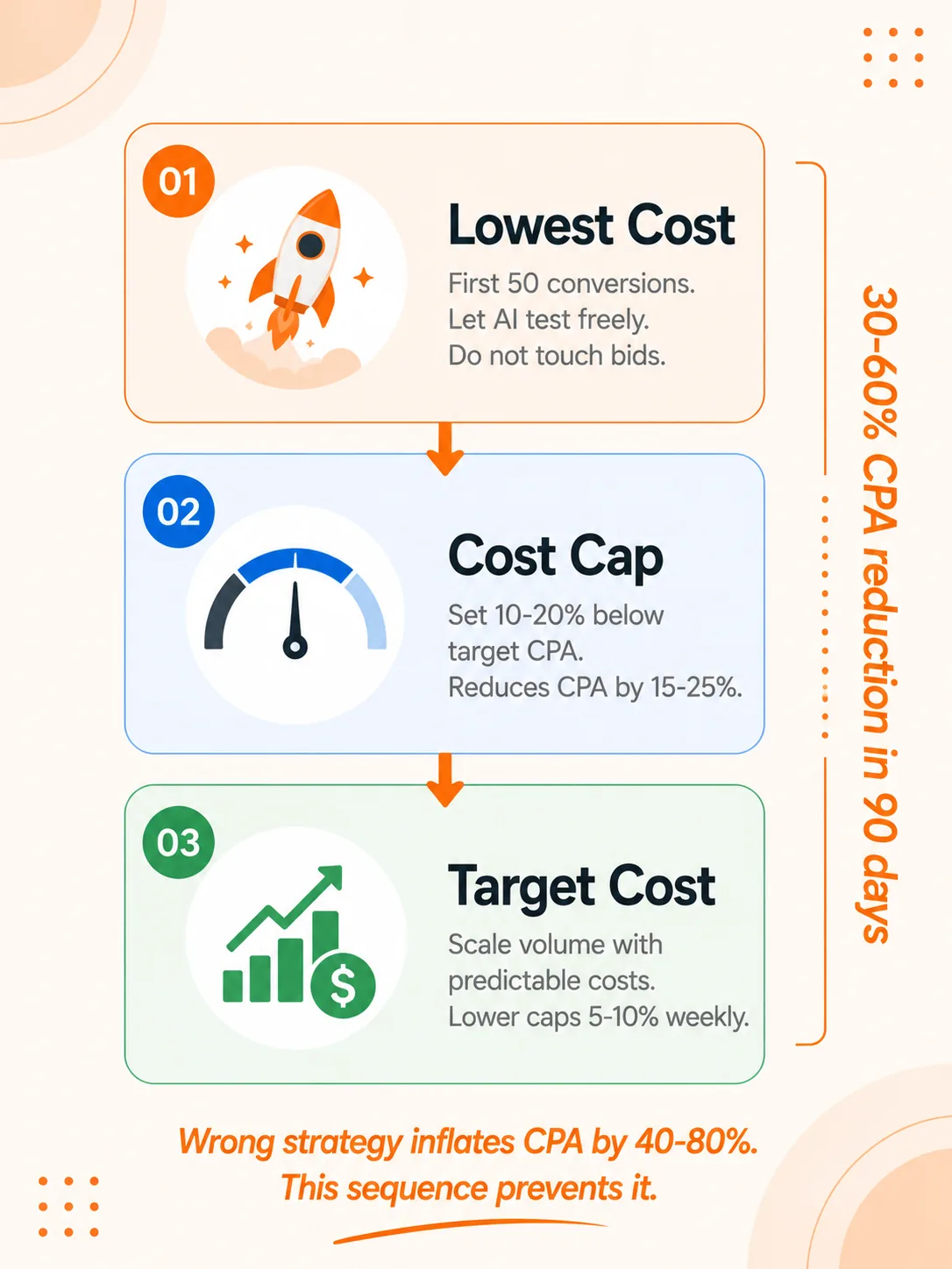 Three phase AI bidding strategy for Facebook ads showing Lowest Cost for learning, Cost Cap for optimization, and Target Cost for scaling, delivering 30-60% CPA reduction in 90 days