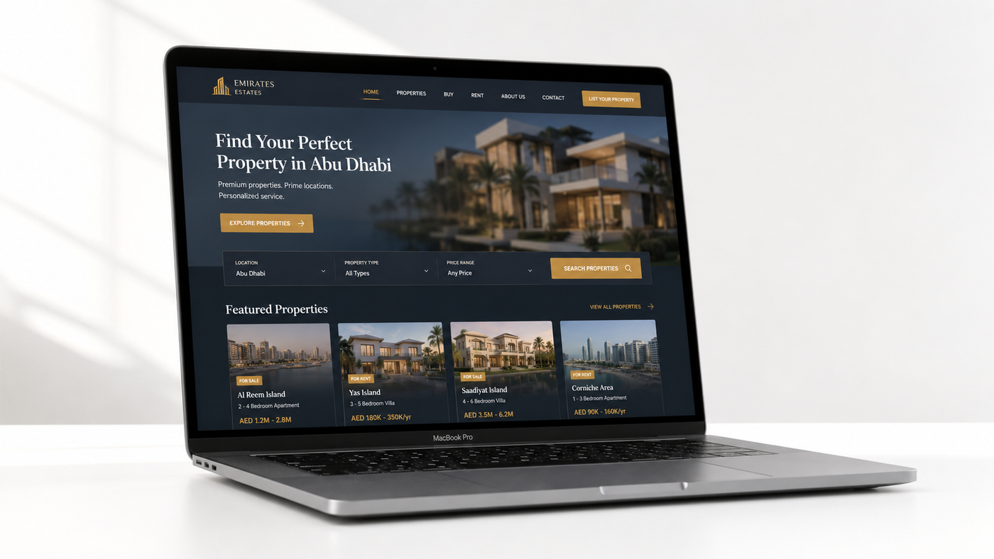A laptop displaying an abstract real estate property listing website, representing the client digital presence during the paid media audit engagement