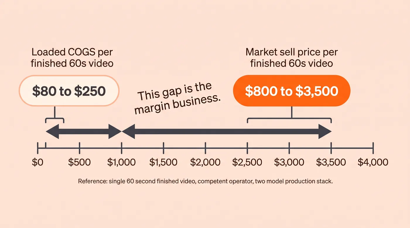 Loaded COGS versus market sell price for a single 60 second finished AI video