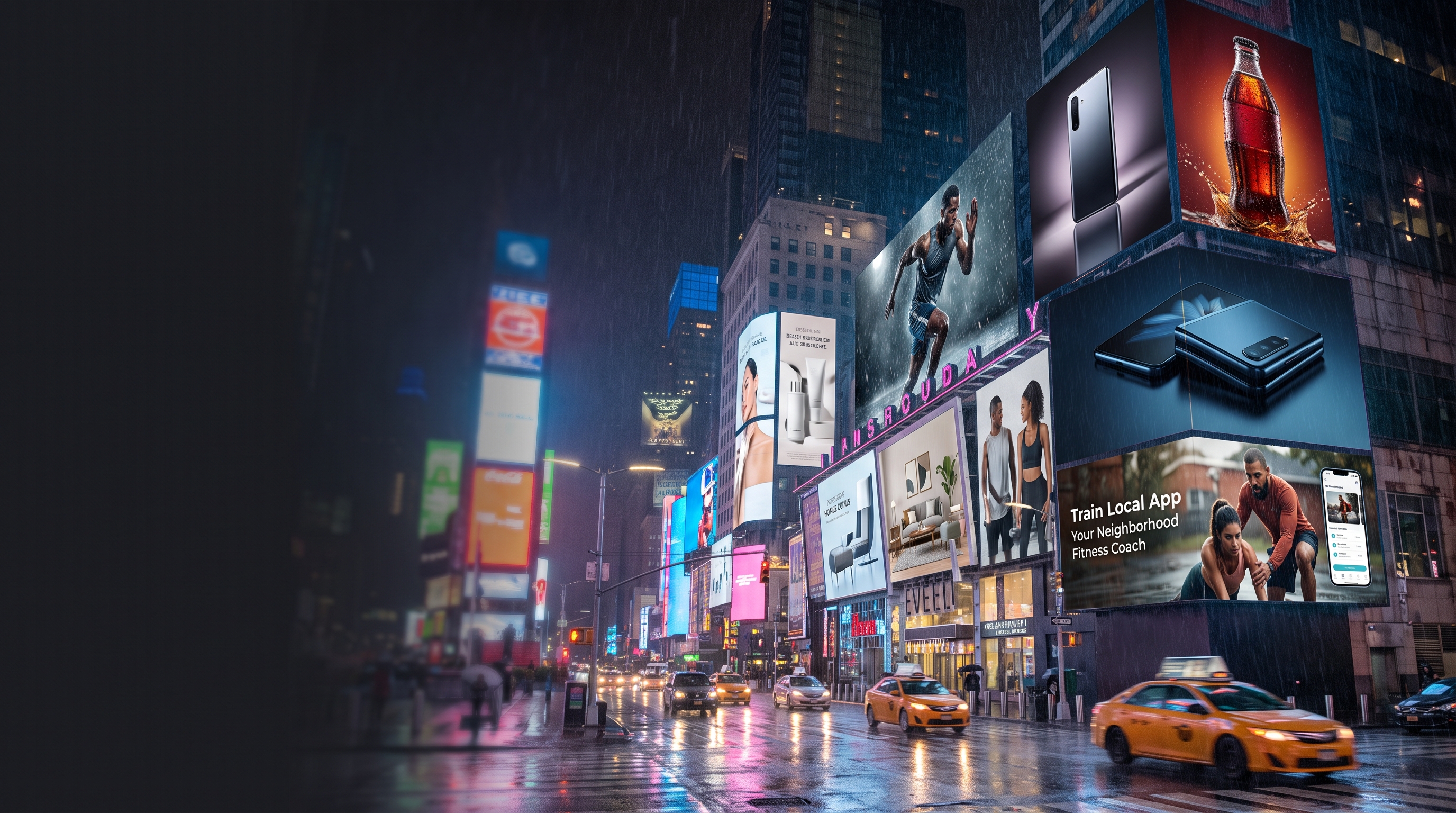 AI-produced video still of a brand campaign at Times Square scale