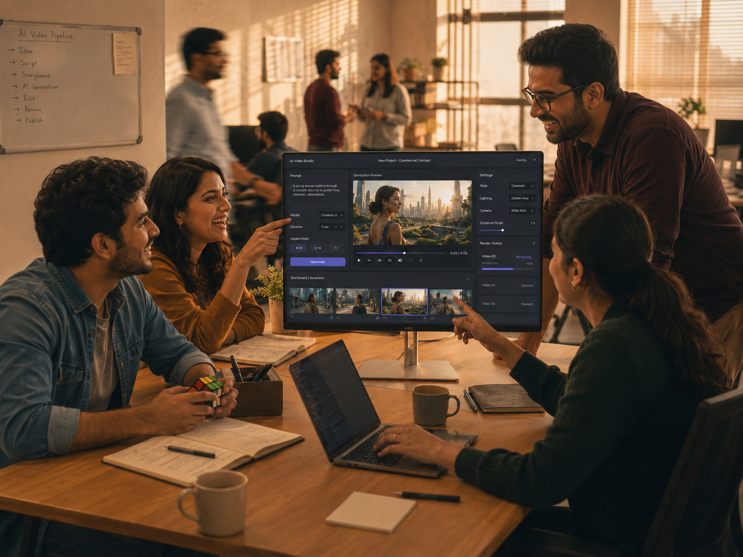 Production team reviewing AI video production plans