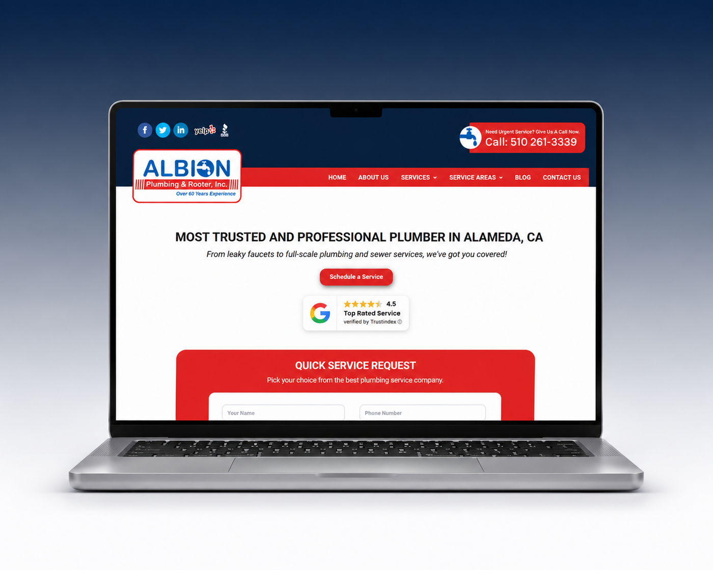 Albion Plumbing redesigned website displayed on a laptop screen