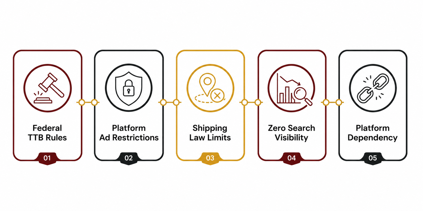Infographic showing five challenges facing alcohol brands in digital marketing including federal TTB rules, platform ad restrictions, shipping law limits, zero search visibility, and platform dependency