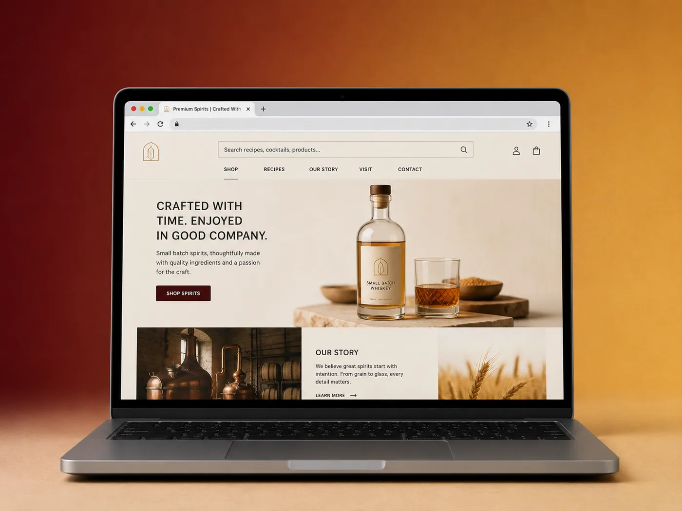 Premium spirits brand Shopify storefront showing product photography and heritage section