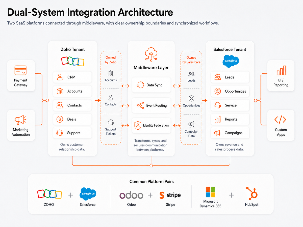 Hybrid and composable stack architecture: two platforms paired through a middleware layer handling data sync and event routing, with a data ownership boundary