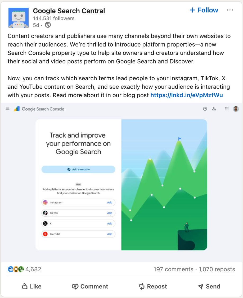 LinkedIn post from Google Search Central announcing new social property types addition to Google Search Console