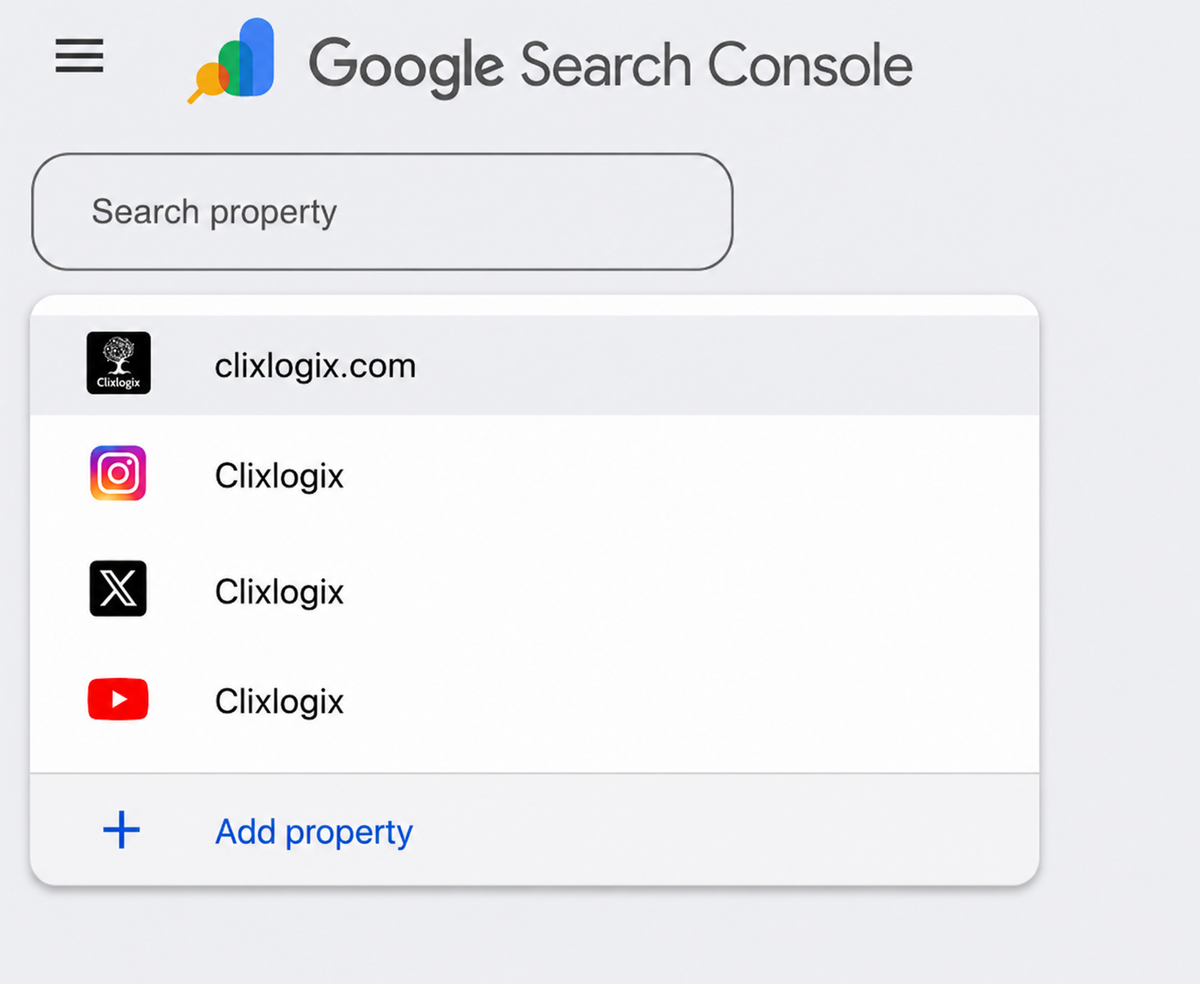 Google Search Console dropdown showing Clixlogix website and social properties