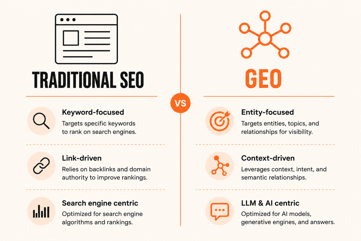Infographic comparing traditional SEO and Generative Engine Optimization across primary surface, success signals, and measurement sources