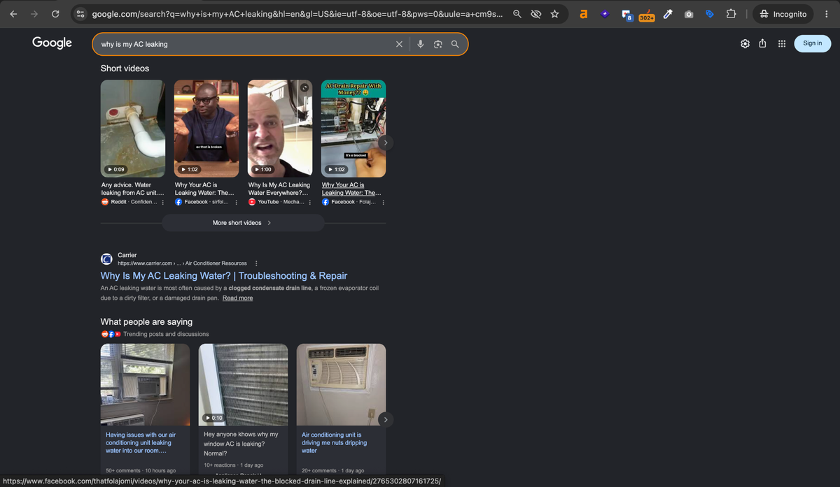 Screenshot of the Google search results for the keyword "why is my AC leaking", showing Facebook reels and YouTube Shorts listed as a block