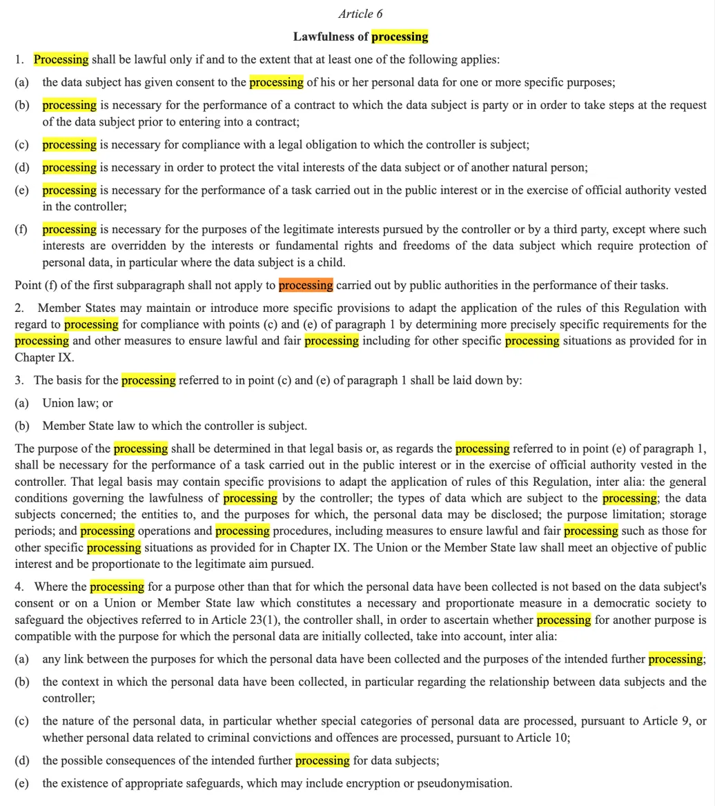 Screenshot of GDPR Article 6 with the term "processing" highlighted 25 times, showing that the definition is not on the same page