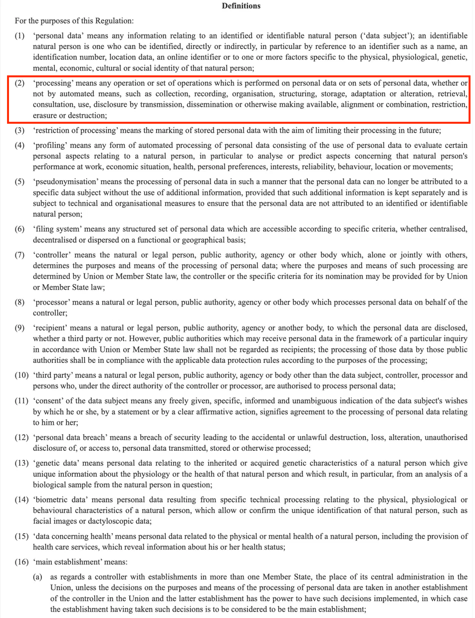 Screenshot of GDPR Article 4 Definitions, item (2) defining "processing" and covering 12 distinct operations that change what qualifies under Article 6