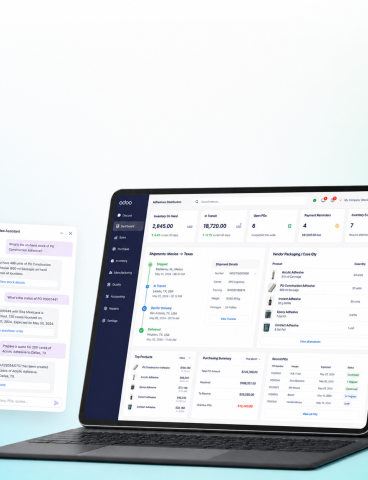 Odoo rebuild and AI extension for an industrial adhesives distributor, warehouse operations desk with an Odoo dashboard and a WhatsApp conversational agent