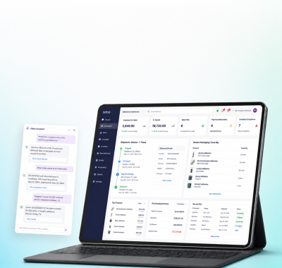 Odoo rebuild and AI extension for an industrial adhesives distributor, warehouse operations desk with an Odoo dashboard and a WhatsApp conversational agent
