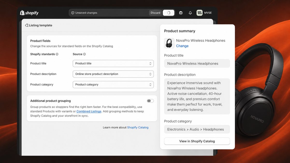 Shopify Agentic Storefronts dashboard showing AI search queries, channel performance, and product visibility across ChatGPT, Copilot, and Google AI